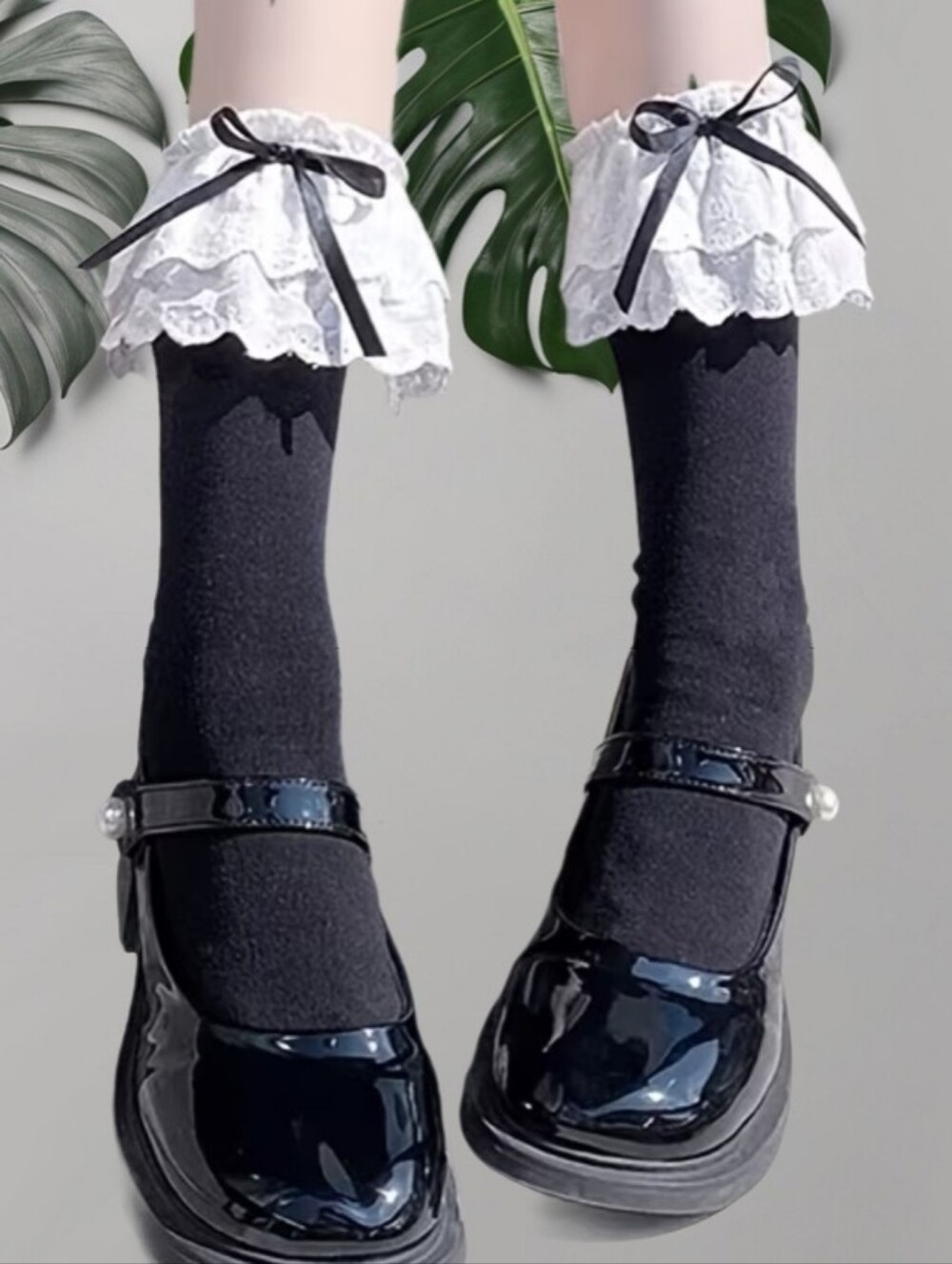 Black Lolita Ankle Socks With White Ruffle Trim And Bow